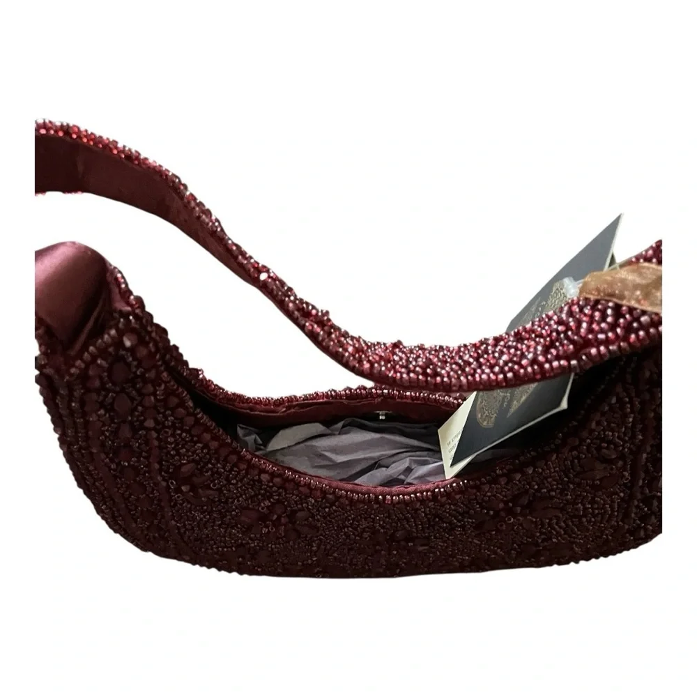 From You to India Hand Beaded Flower Purse, Solid Burgundy, Floral Design. - Picture 3 of 7